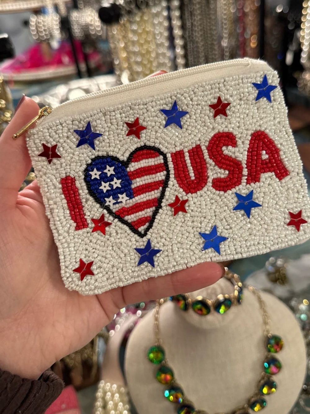 Beaded 'I ♥ USA' Coin Pouch - White with Red & Blue Stars
